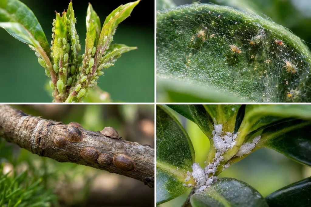Common bonsai pests every grower should know including aphids, spider mites, scale, and mealybugs