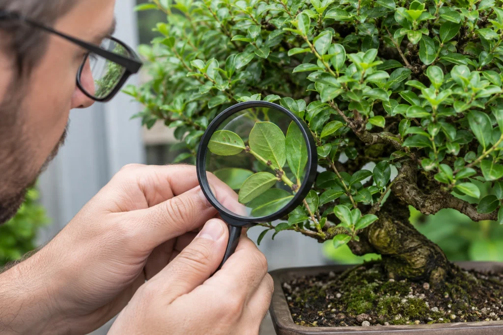 Checking a bonsai tree for pests including spider mites, aphids, scale, and mealybugs