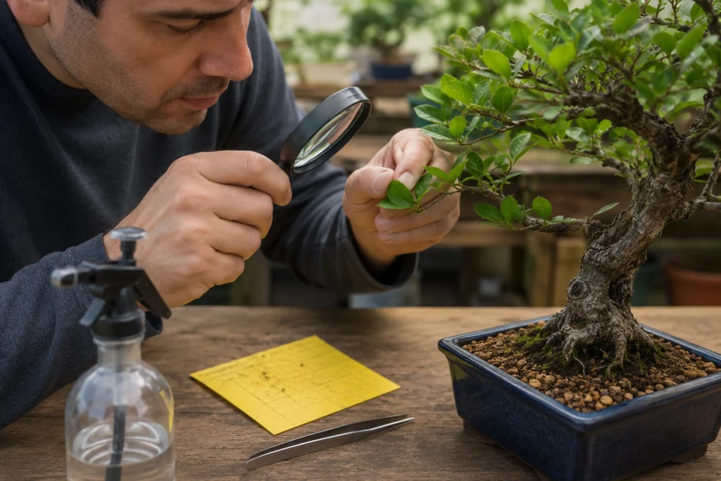 Inspecting bonsai pests on leaves before treatment