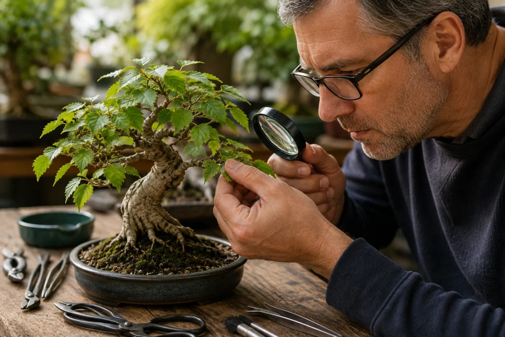 Inspecting a bonsai tree for disease and pest warning signs