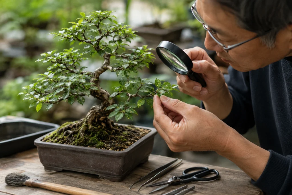  Inspecting a bonsai tree for pests disease and root problems