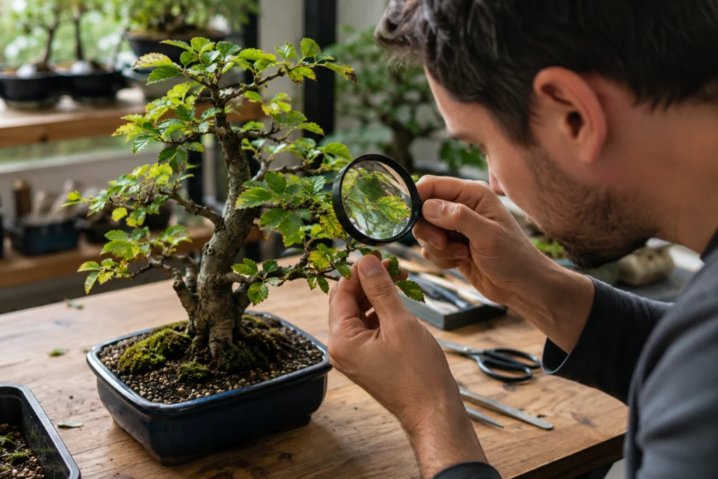 Bonsai pest and disease diagnosis inspection before treatment