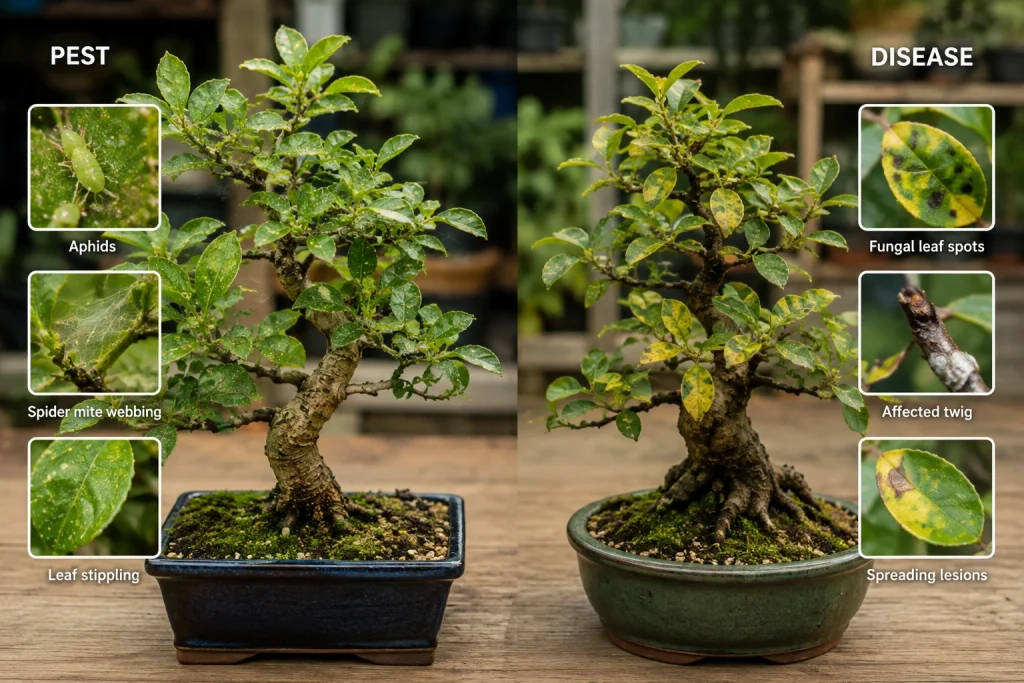 Bonsai pest vs disease symptoms on leaves and branches