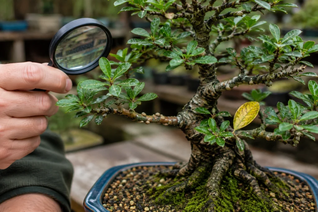 Bonsai pest and disease warning signs on leaves and branches
