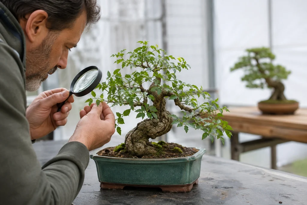 Bonsai pest inspection checking leaves branches bark soil and pot