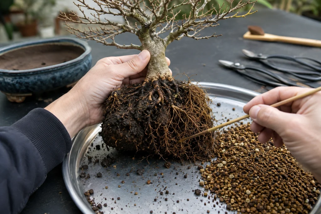 Inspecting bonsai roots for disease in wet compacted bonsai soil