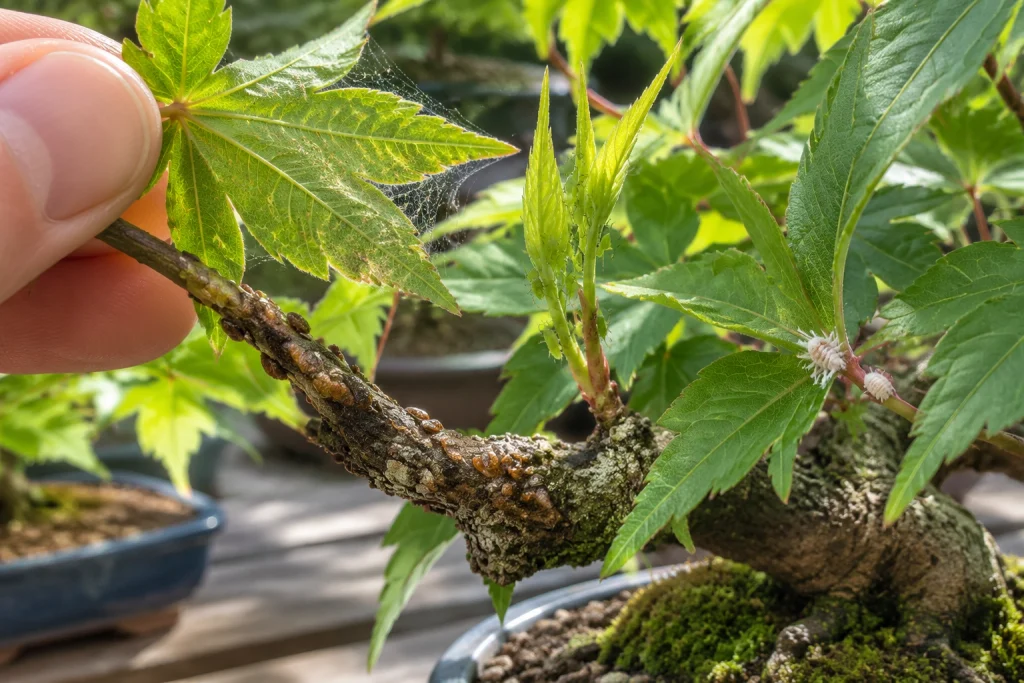 Bonsai leaves turning yellow from pests with spider mites, scale, aphids, and mealybugs