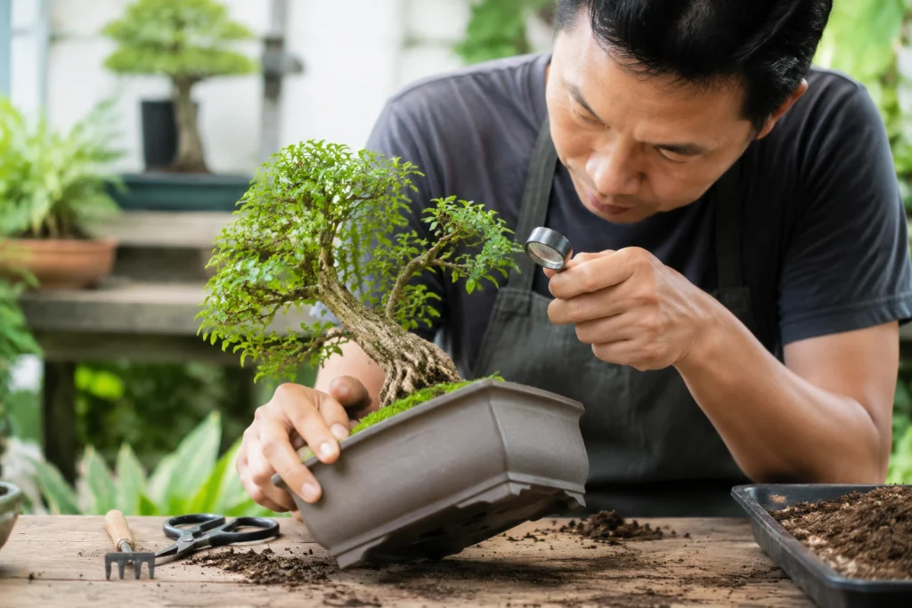 Bonsai brown leaves inspection for pests root problems and watering stress