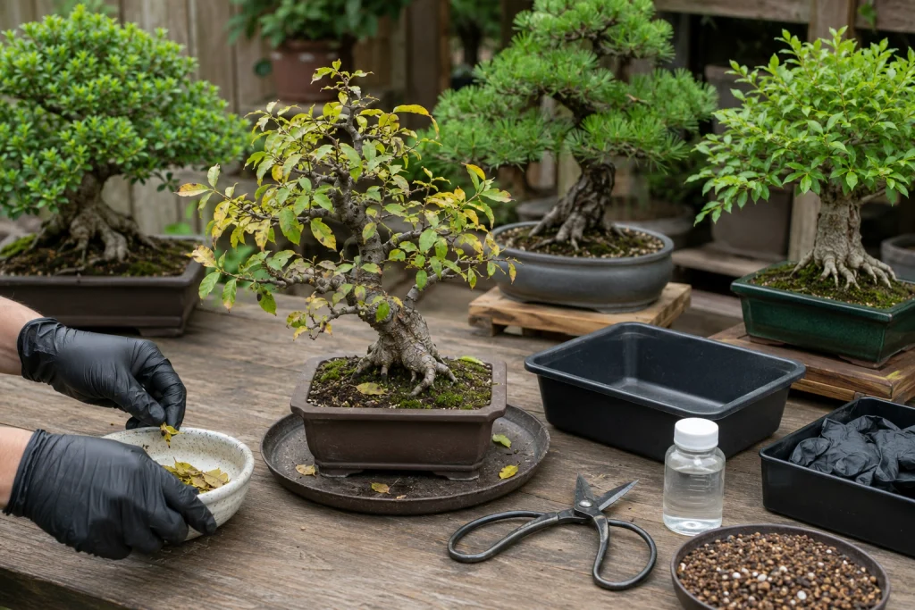 Isolating a diseased bonsai and sanitizing tools to prevent bonsai disease spread