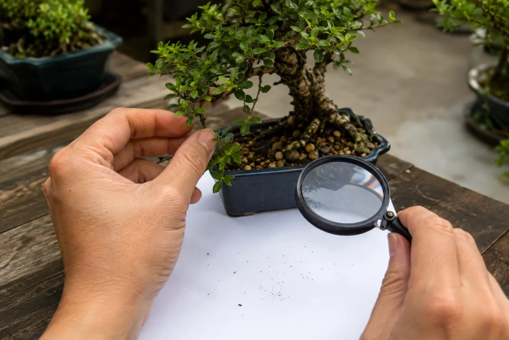 How to inspect a bonsai tree for pests using a white paper test and hand lens