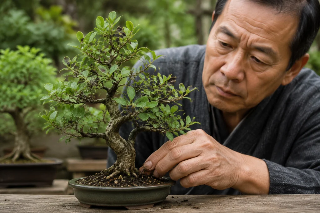 Bonsai leaves turning black inspection for pests root problems and overwatering