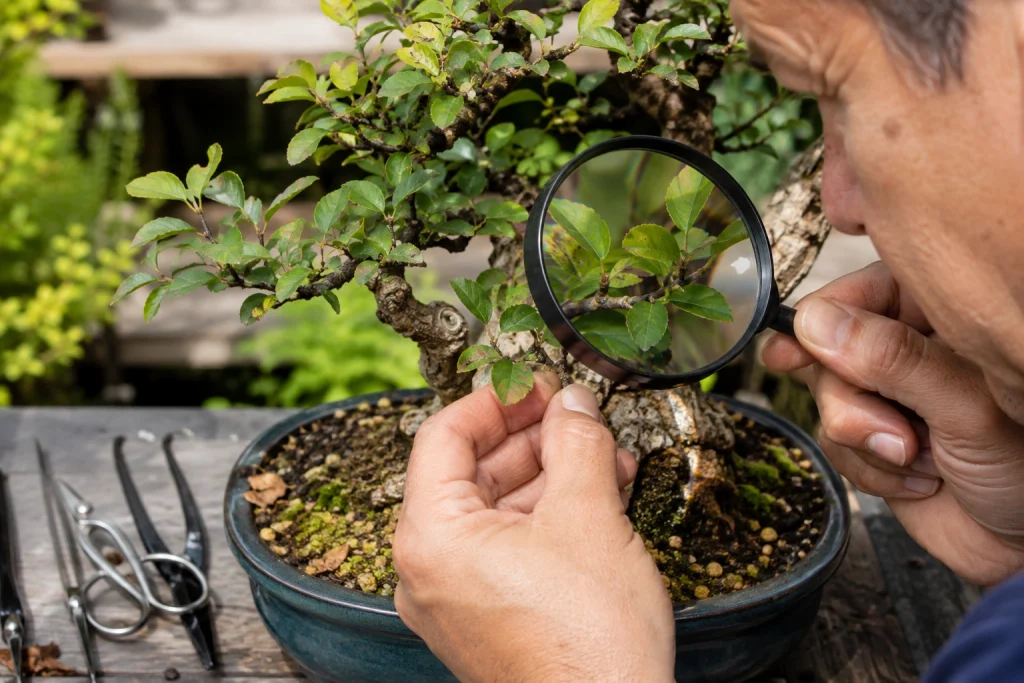 Bonsai pest inspection during quarantine showing leaves branches and soil being checked for insects