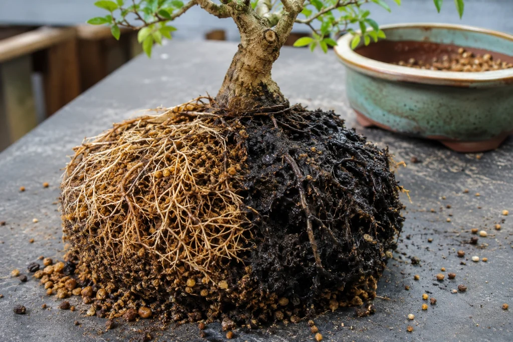 Healthy and diseased bonsai roots compared during root disease inspection