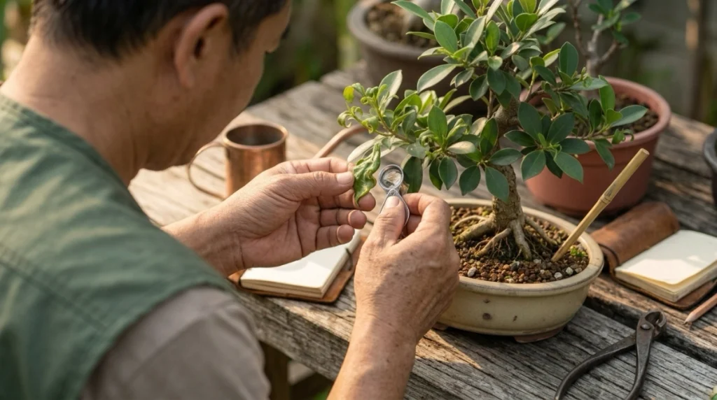Grower inspects curled new bonsai leaves before correcting watering, pests, or stress