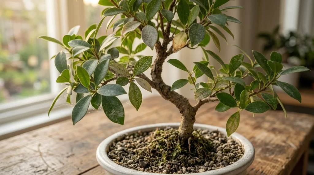 Bonsai leaves showing powdery mildew, pest speckles, sun bleaching, mineral spots, and salt buildup