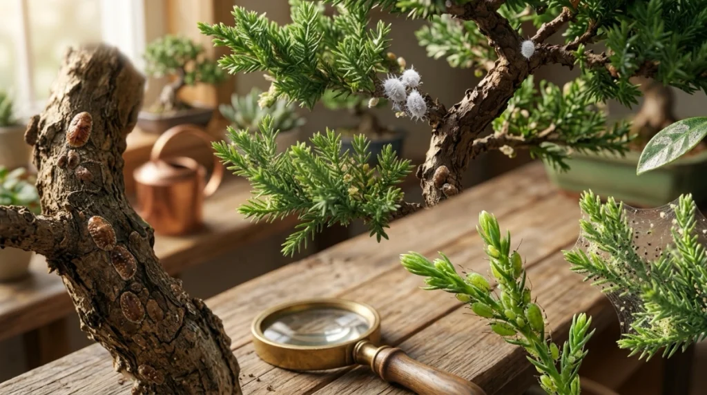 Aphids, spider mites, scale and mealybugs visible during a close bonsai pest inspection
