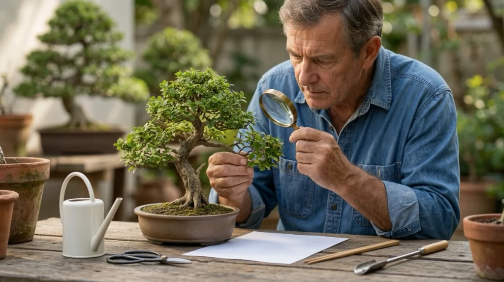 Hobbyist inspecting a quarantined new bonsai with a magnifying lens before collection placement