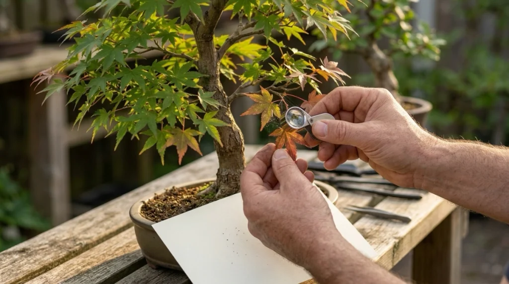 Hobbyist checking red bonsai leaf undersides for mites, webbing, aphids, scale, and feeding damage.