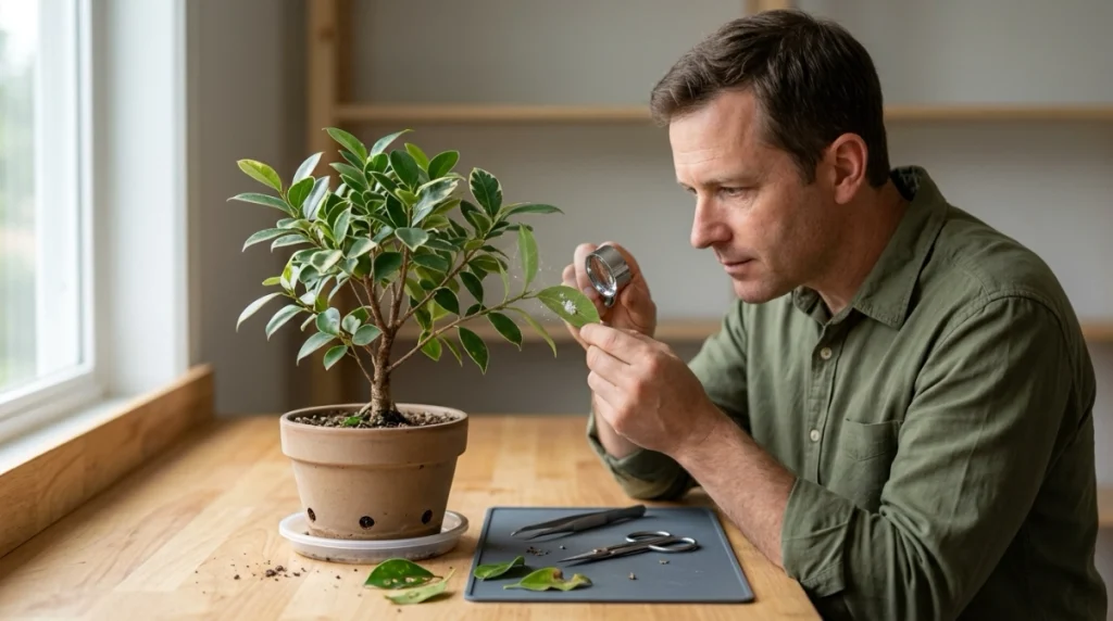 Grower inspecting an isolated bonsai for mites, mealybugs, scale, and other pests