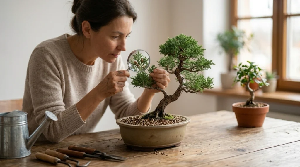 Bonsai owner performing a routine weekly pest inspection of leaves and branches