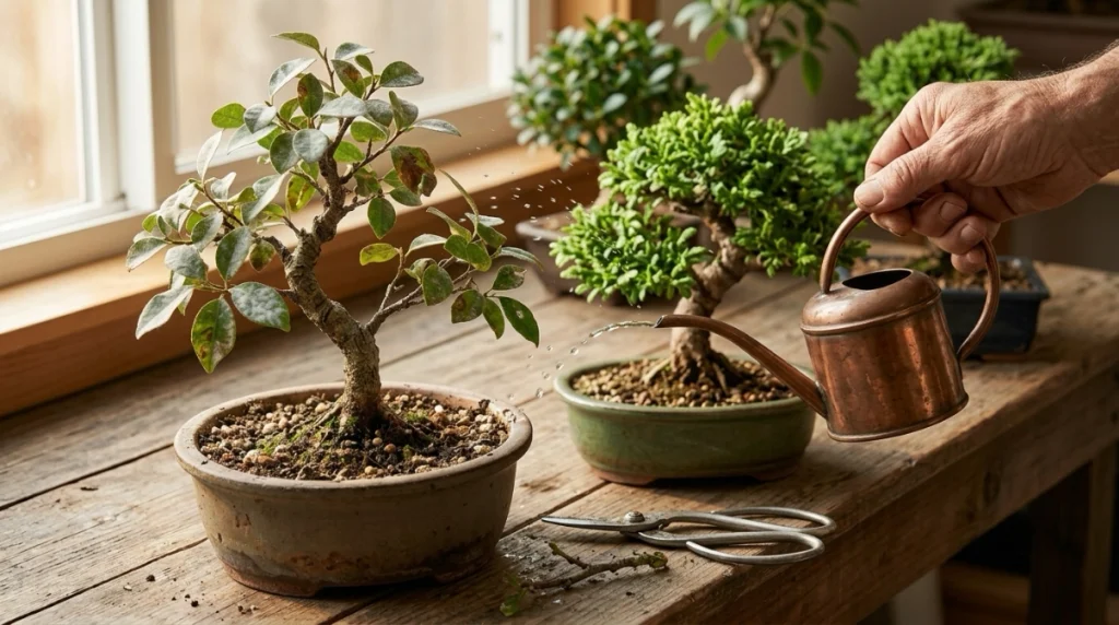 Bonsai disease spreading through water splash, pruning tools, soil, and nearby infected foliage.