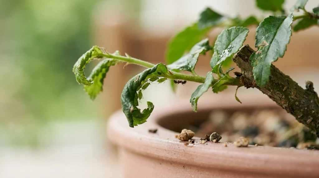 Aphids feeding beneath curled bonsai leaves and tender shoots with visible honeydew