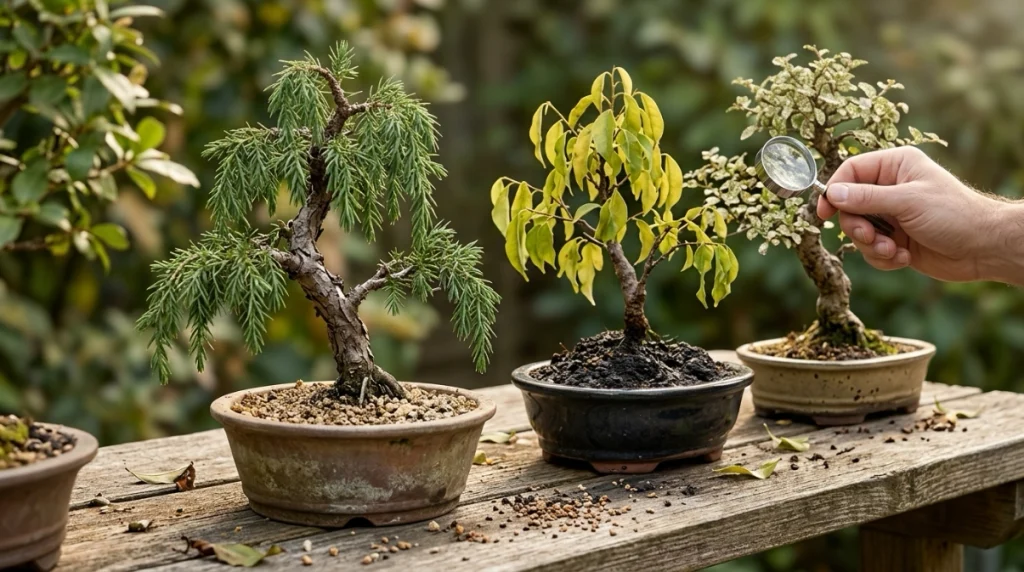 Drooping bonsai leaves compared with dry soil, waterlogged soil, and possible pest damage