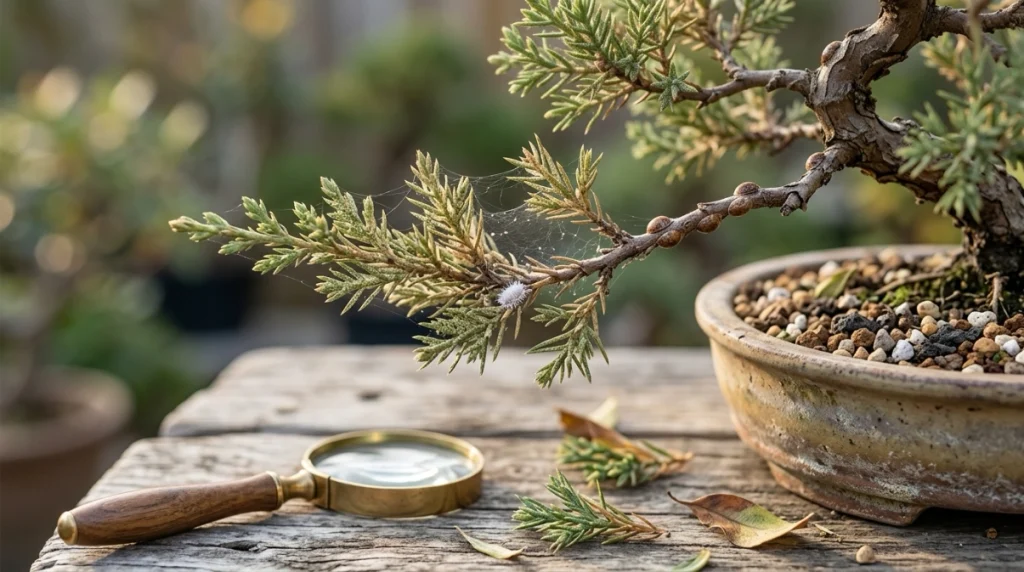 Bonsai leaves with spider mite webbing, scale, and mealybugs linked to premature leaf drop