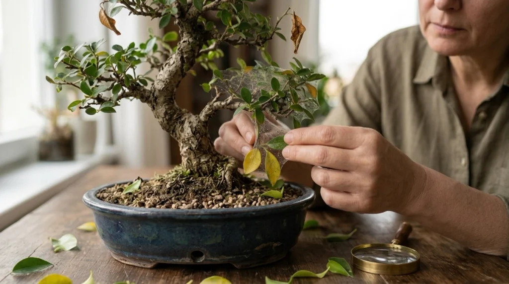 Bonsai leaf loss warning signs including wet soil, yellow leaves, dry foliage, and mite webbing