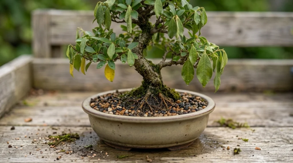 Wet bonsai soil with yellow and crispy leaves showing possible overwatering and root stress