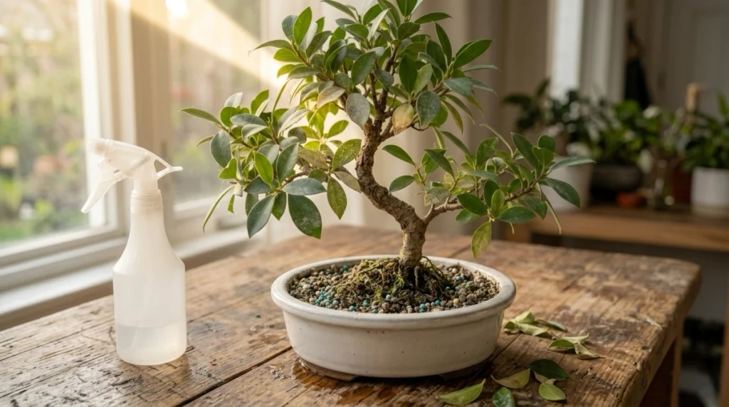 Stressed bonsai illustrating overwatering, overfeeding, excessive pruning, harsh light, and random treatment mistakes