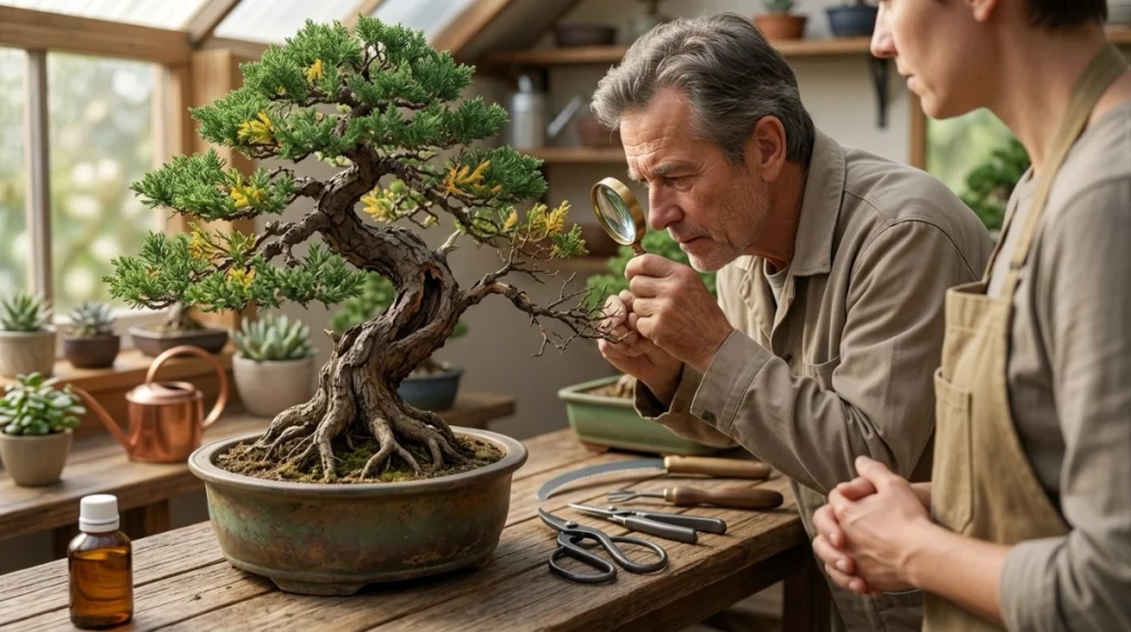 Experienced bonsai grower inspecting a declining tree with a hobbyist in a greenhouse