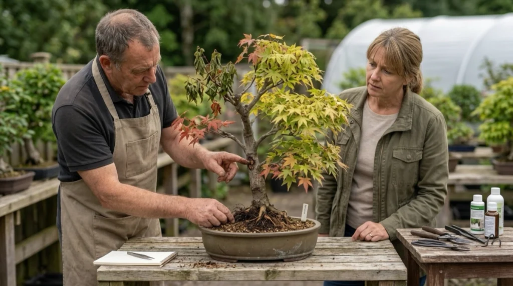 Experienced bonsai grower helping diagnose branch dieback, lesions, root damage, and canopy decline.