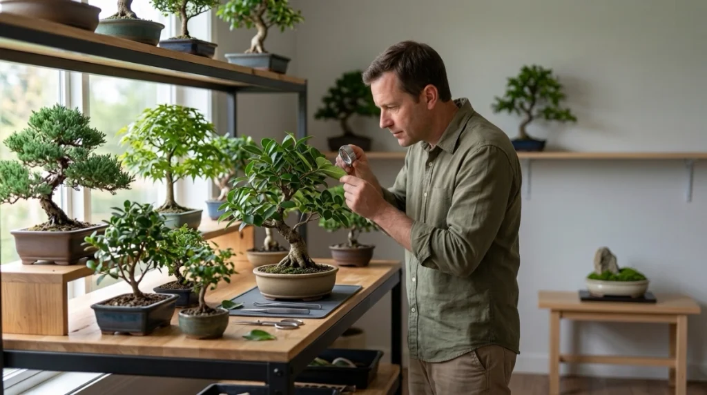 Grower inspecting nearby bonsai and isolating a new tree to prevent pest spread