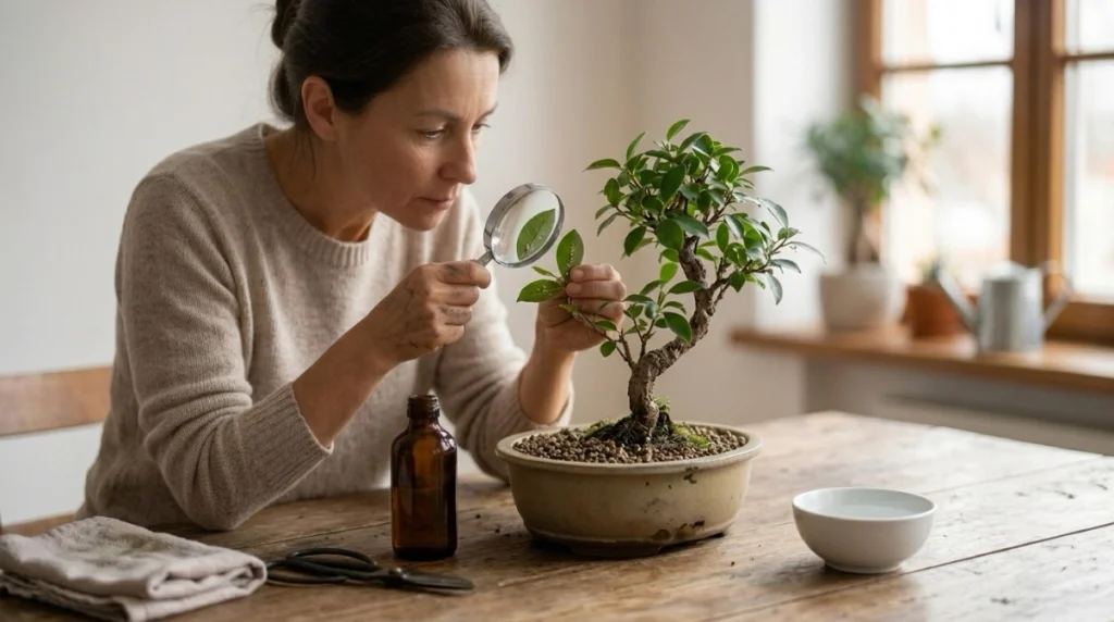 Bonsai owner identifying pests before cleaning, pruning, watering adjustments, or treatment