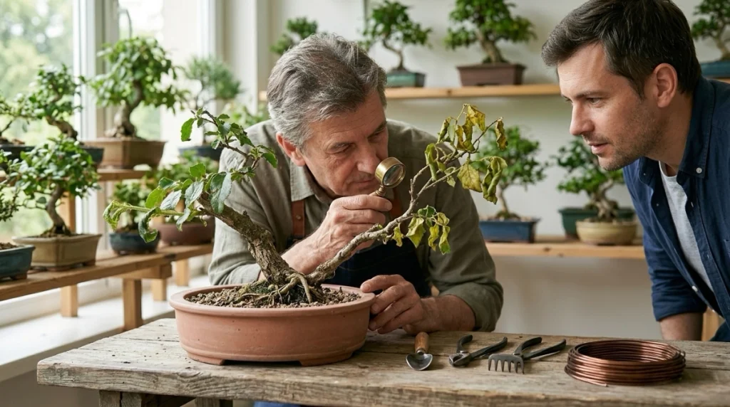 Experienced bonsai grower examining a stressed tree with curled leaves and branch decline