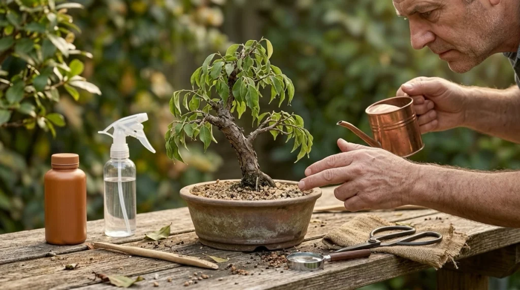 Bonsai owner checks drooping leaves before watering, fertilizing, spraying, pruning, or repotting