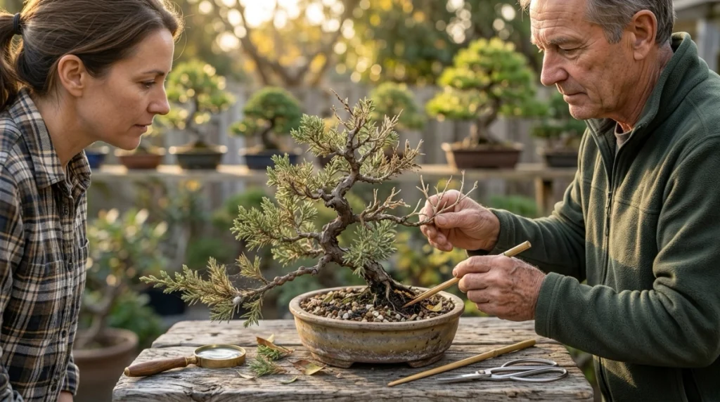 Experienced grower examining a bonsai with severe leaf loss, branch decline, and root problems