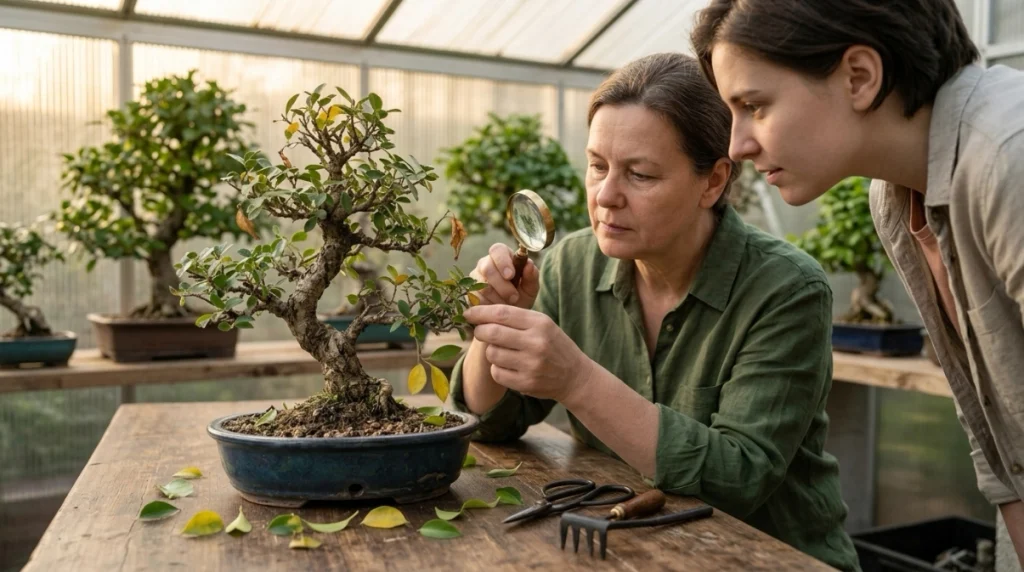 Experienced bonsai grower helping diagnose severe leaf loss and branch decline