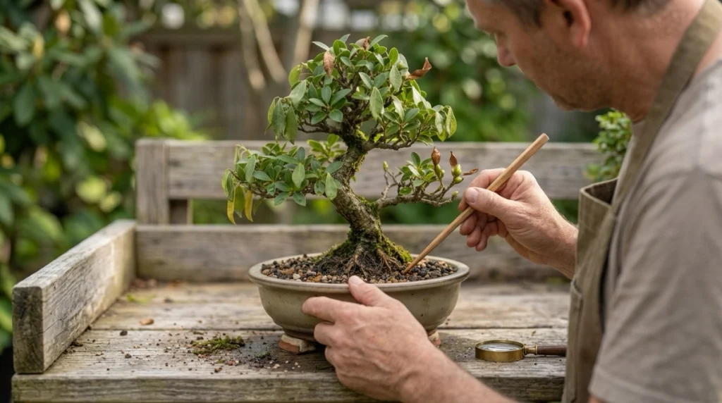 Bonsai owner checking soil and foliage while helping a tree with dry and crispy leaves recover