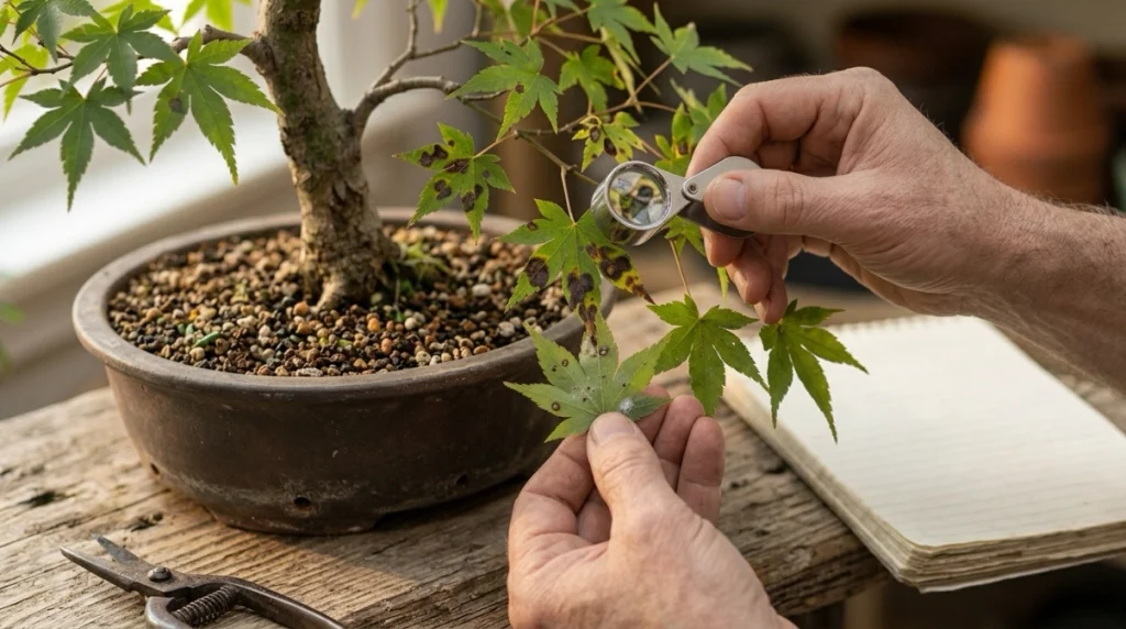 Hobby grower inspecting black spots on bonsai leaves with a hand lens.