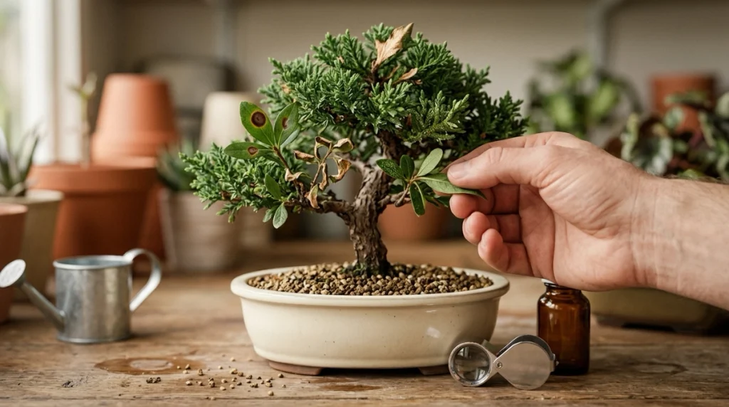 Bonsai leaves showing fungal spots, scorch, pest stippling, and watering-related damage