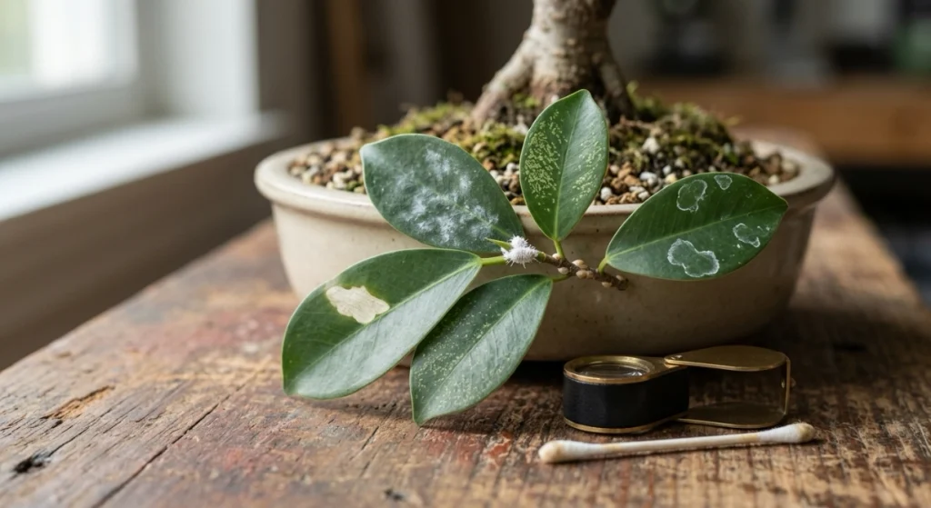 Bonsai leaves showing powdery, stippled, cottony, raised, chalky, and bleached white spot patterns