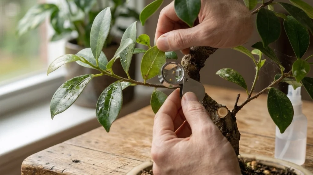 Inspecting sticky bonsai leaves for hidden pests, branch sap and possible spray residue