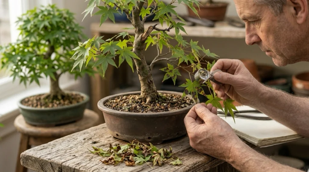 Bonsai with spreading black leaf spots, fallen leaves, and shoot dieback.