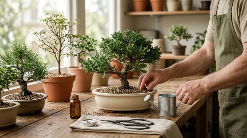 Healthy bonsai care setup with good drainage, airflow, inspection tools, and separate quarantine tree