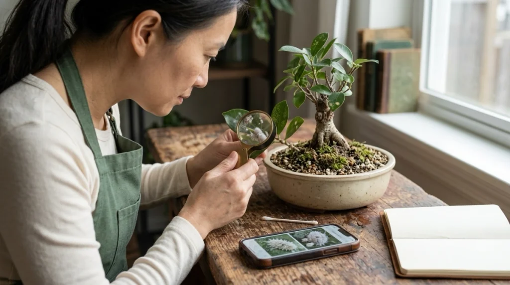 Bonsai grower using a hand lens and cotton swab to diagnose white spots before treatment