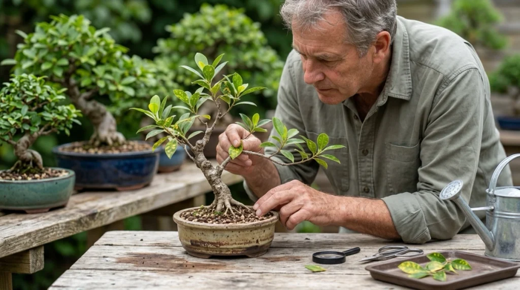 Isolated bonsai inspected for yellow spots while soil, leaves, and new growth are checked