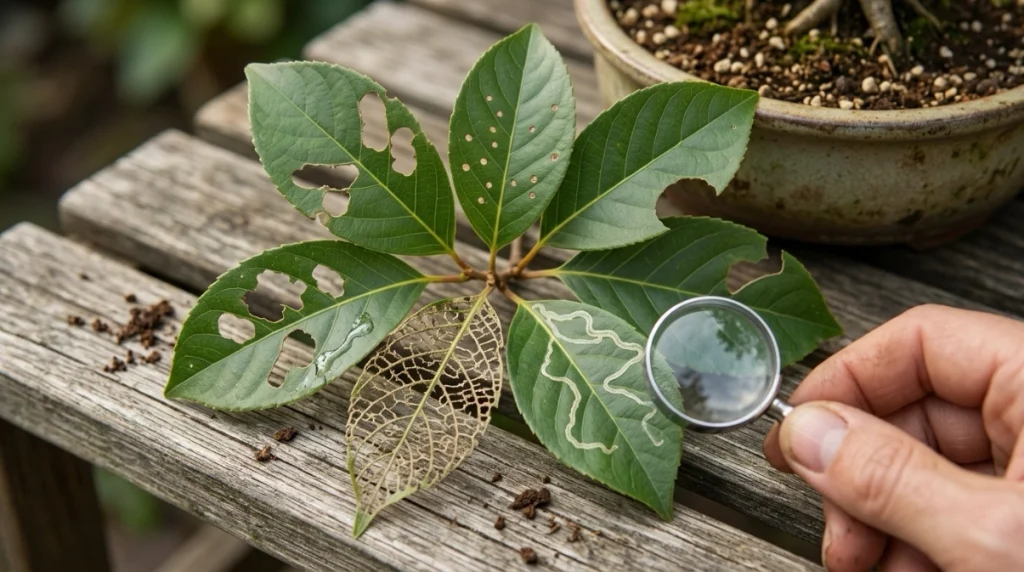Different bonsai leaf hole patterns including chewing, skeletonizing, mining, and physical tears