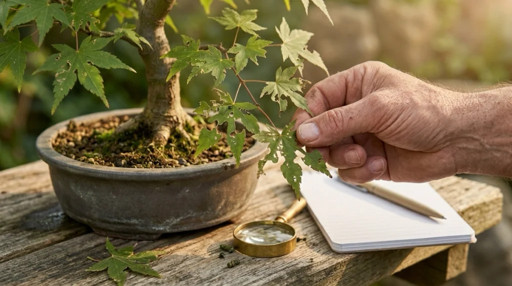 Bonsai leaves showing ragged holes, edge notches, skeletonizing, slime traces, and other chewing damage.